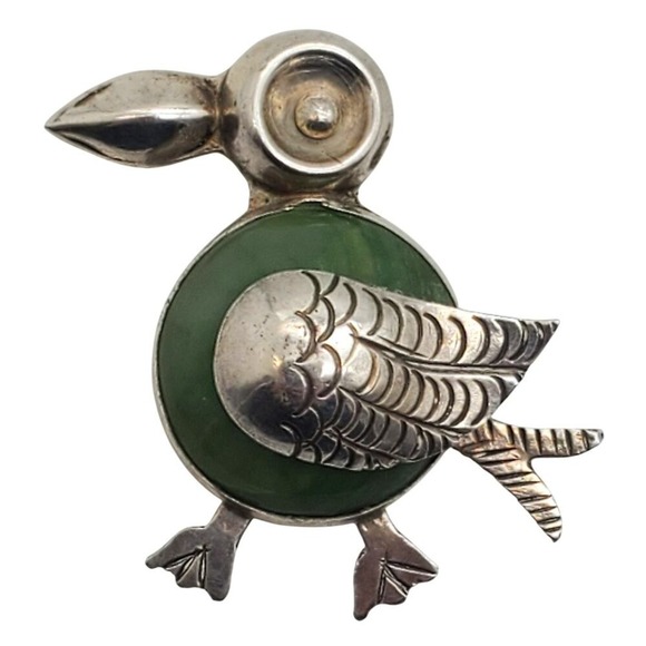 Taxco Jewelry - Mexican Sterling Silver Bird Brooch Green Body Whimsical Taxco Folk Art Pin Vtg